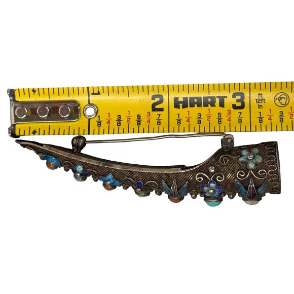 Antique Silver Filigree Gems & Guilloche Enamel Chinese Fingernail Guard Brooch - Picture 3 of 8